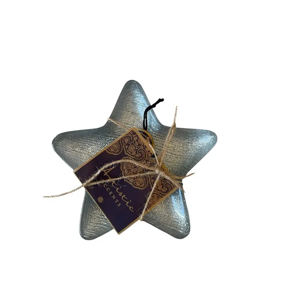 Set of 3 Handmade Turkish Art Glass STAR Appetizer Plates Silver Glitter NEW